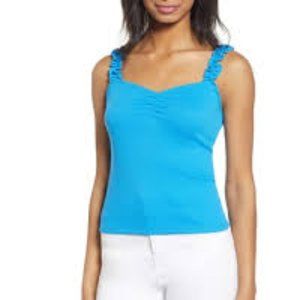 BP Aster Blue Ruffle Strap Ribbed Fitted Tank Top